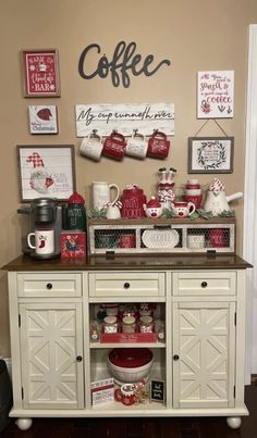 the coffee bar is decorated with red and white decor