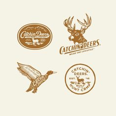 the logos for catchin'deers are brown and white