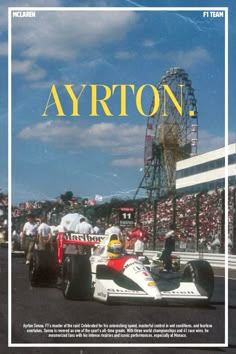 an advertisement for ayrton's racing car in front of a ferris wheel