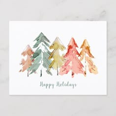 watercolor christmas trees with the words happy holidays