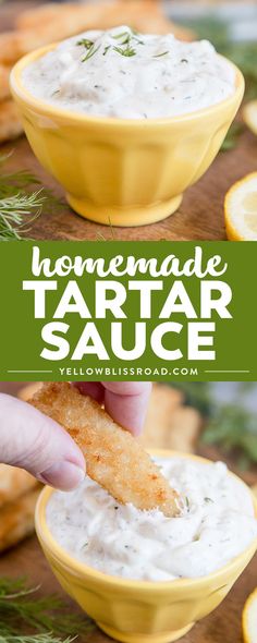 homemade tartar sauce in a yellow bowl with lemon slices