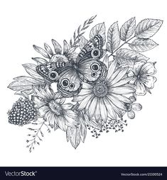 black and white drawing of flowers with butterflies