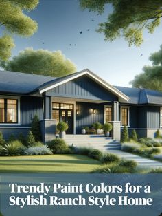 Trendy Ranch Style House Exterior Paint Colors Small Ranch House Exterior Colors, Paint Colors For Ranch Style Homes, Exterior Paint Colors Ranch Style House, Ranch Style Home Exterior Colors, Ranch Bungalow Exterior Makeover, Rancher Exterior Paint Colors, Small Ranch Style Homes Exterior, Navy Ranch House Exterior, Ranch Style Homes Exterior Paint Colors