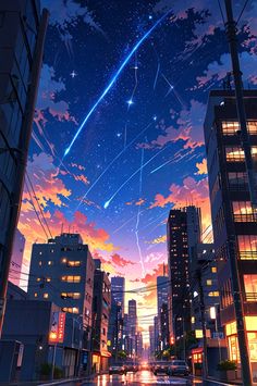 an image of a city at night with stars in the sky and buildings on either side