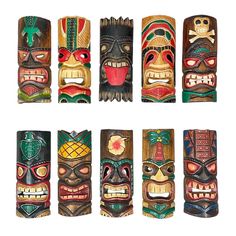 a group of wooden tiki masks with different designs on each one side and the other half