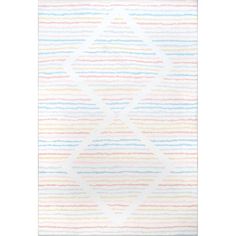 a white rug with multicolored stripes on the bottom, and a diamond pattern in the middle