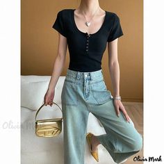 Olivia Mark - Minimalist Collared Button-Up Shirt with Half Placket and Tailored Fit Short Sleeves U Neck, Cheongsam, Olivia Mark, Types Of Collars, Workout Shorts, Workout Clothes, Button Up Shirts, Types Of Sleeves, Button Up