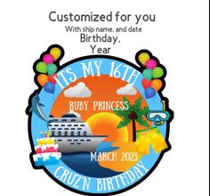 a birthday card with a cruise ship and balloons