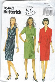 Uncut butterick Sewing Pattern 5862 Sewing Pattern, Knit Mock Wrap Dress size 8-10-12-14-16 18-24 FF uncut FF Dress Sewing Patterns Easy, Mock Wrap Dress, Knit Dress Pattern, Pattern Dress Women, Butterick Sewing Pattern, Easy Stitch, Miss Dress, Burda Style, Dress Sewing Pattern