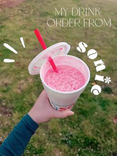 a person holding up a pink drink in their hand with the words, my drink order from