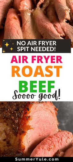 an air fryer roast beef is shown with text overlay