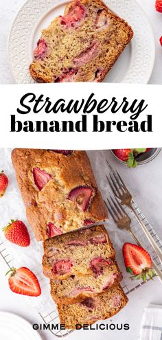 two slices of strawberry banana bread on white plates with strawberries around the edges and text overlay