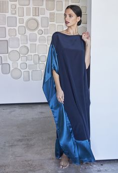 Caftan - Teal And Navy Boatneck Silk Caftan Silk Caftan, Long Kaftan, Silk Kaftan, Gauze Dress, By The Ocean, فستان سهرة, Caftan Dress