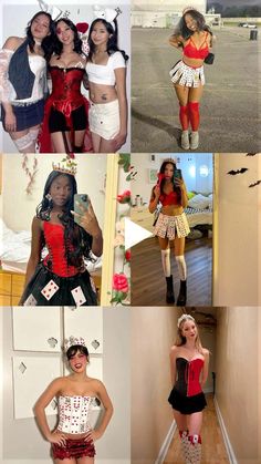 several pictures of women dressed in costumes and posing for the camera, with one woman holding her hands on her hips