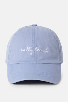 Keep the sun off your face and the sand out of your hair with this Salty Beach script hat! Be beachy-keen with its adjustable strap and embroidery details – it’s the perfect pick for days when you’re feeling flip-floppy! 🤙 Cotton Snapback Beach Hat, Cotton Snapback Hat For Beach, Adjustable Cotton Beach Hat, Adjustable Cotton Hat For The Beach, Casual Beach Baseball Cap One Size, Beach Cotton Baseball Cap, Cotton Beach Baseball Cap, Beach Cotton Hat With Curved Bill, Cotton Baseball Cap For Beach