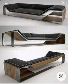 three different views of a modern couch with wood and black leather upholsters