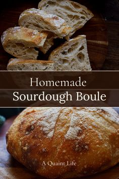 homemade sourdough boule on a cutting board with text overlay that reads homemade sourdough boule