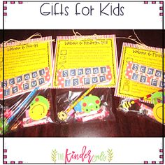 four children's stationery items on a table with the words gifts for kids