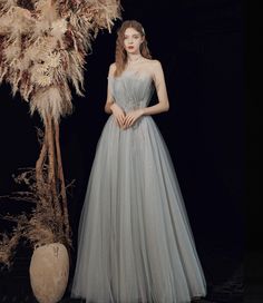 Grey Tulle Dress, Prom Dress A Line, A Line Evening Dress, Cute Prom Dresses, Pretty Prom Dresses, Long Prom Dress, Tulle Dress, Gray Dress, One Shoulder Wedding Dress