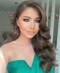 Curl Hair Styles Prom, One Side Waves Hairstyles, Curls For Bridesmaid, Side Part Curls Prom, Hollywood Wave Bridesmaid Hair, Side Waves Hairstyle Wedding, Glam Side Part Hair, Evening Gown Hairstyles For Long Hair, Bridesmaid Hair Down Side Part