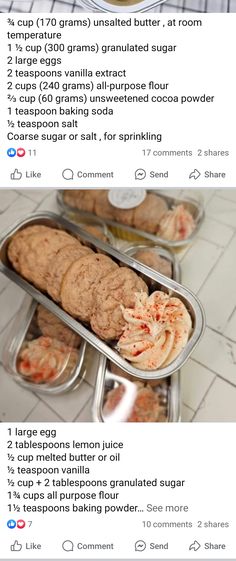 two tins filled with food sitting on top of a tiled floor next to each other