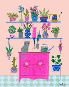 a cat sitting on top of a pink cabinet next to potted plants and flowers