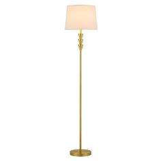 a gold floor lamp with a white shade