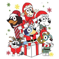 a group of cartoon characters standing around a christmas present