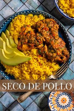 Seco de Pollo served on a plate with Arroz Amarillo and slices of avocado, on a blue, tiled background. Guatemalan Chicken Recipes, Ecuadorian Chicken Recipes, Peruvian Dishes Recipes, Spanish Cuisine Recipes, Spanish Easy Recipes, Easy Peruvian Recipes, Healthy Hispanic Recipes, Peruvian Chicken And Rice, Authentic South American Recipes