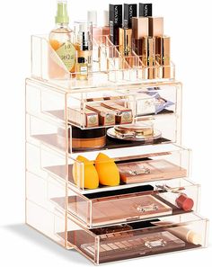 COSMETIC & MAKEUP STORAGE CASE (4 LARGE, 2 SMALL DRAWERS, 16 SLOTS, PINK) — Organize all your makeup, cosmetics, and accessories into a dazzling personalized beauty counter or display SLEEK & STYLISH — Chic and elegant exterior — Clear style creates visually appealing display that coordinates beautifully with most décor — Great gift for any girl, teen, adult, beauty, fashion, and makeup lover BEAUTIFULLY DISPLAY & STORE — Lipsticks, foundations, bronzers, blushes, eye shadows, primers, powders, Bathroom Dresser, Dresser Bathroom, Makeup Storage Case, Clear Makeup Organizer, Makeup Stand, Beauty Counter, Makeup Storage Organization, Dresser Vanity, Jewelry Organizer Storage