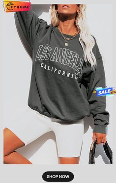 Gray Letter Print Long Sleeve Pullover Sweatshirt Gray Casual Sweatshirt With Lettering, Casual Gray Sweatshirt With Lettering, Gray Lettering Casual Sweatshirt, Oversized Gray Tops With Slogan, Oversized Gray Slogan Tops, Fall Relaxed Fit Top With Text Print, Comfortable Fit Tops For Fall Streetwear, Comfortable Fit Top For Streetwear In Fall, Relaxed Fit Text Print Top For College