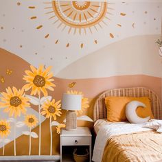 a bedroom with sunflowers painted on the wall