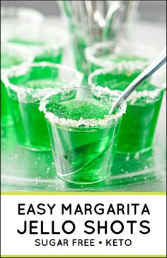 green jello shots with sugar on the rim and text overlay that reads easy margarita jello shots