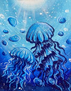 an acrylic painting of two jellyfish in the ocean