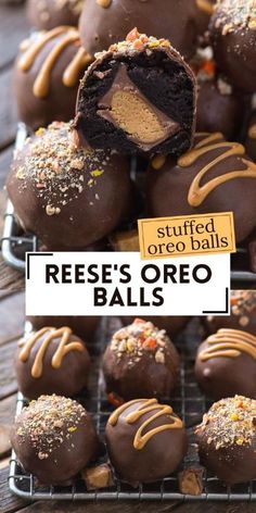 several chocolate covered balls on a wire rack with a sign that says, stuffed orco balls reese's oreo balls