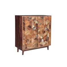 a wooden cabinet with many different pieces of wood on it's doors and drawers