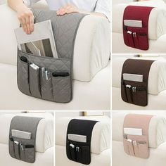 multiple pockets on the back of a couch with an electronic device in each pocket,