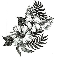 an ink drawing of flowers and leaves