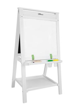 a white easel with two green markers on the bottom and one yellow marker in front