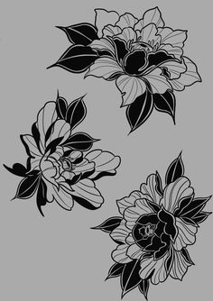 three black and white flowers on a gray background, each with one large flower in the center