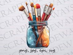 a jar filled with lots of paint brushes on top of a piece of lined paper