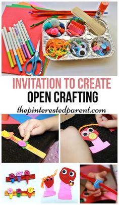 an open crafting tray with paper and scissors, pencils, crayons, markers