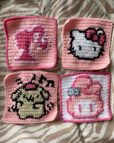 four square crocheted coasters with hello kitty designs on the front and back