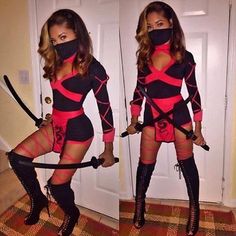 the woman is dressed up as a ninja with two swords in her hands and wearing black boots