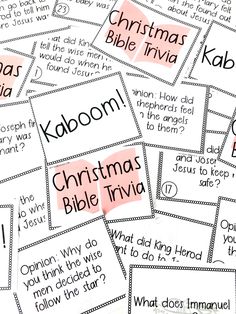 christmas bible trivias with the words kaboom written on them