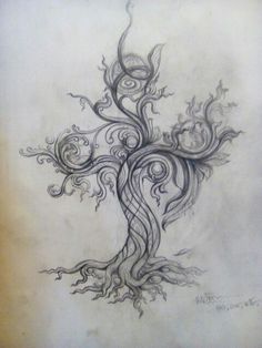 a drawing of a tree with swirls on it's trunk and branches in the middle