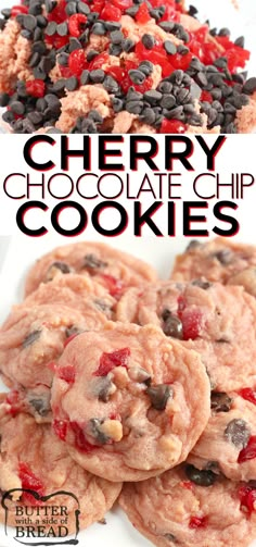 cherry chocolate chip cookies are stacked on top of each other and ready to be eaten