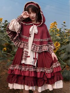 Little Red Riding Hood Long Sleeves Lolita Dress OP by With PUJI Red Riding Hood Dress, Little Red Riding Hood Costume, Country Lolita, Era Victoria, Vintage Red Dress, Op Dress, Check Dress, Vestidos Vintage, Cape Dress