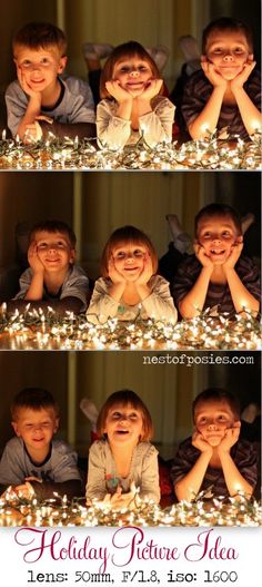 two children are smiling and posing for the camera with their hands on their cheeks while sitting in front of christmas lights