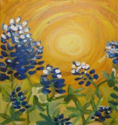 a painting of blue flowers in front of a yellow sun